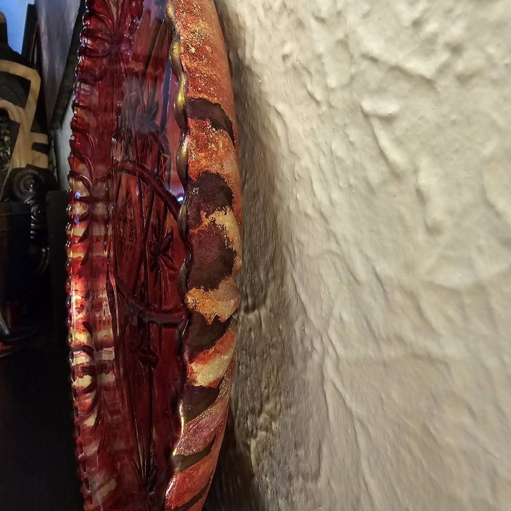 HANDCRAFTED Upcycled Deep Etched Glass Platter HANDPAINTED Tabletop ART Decor - Picture 5 of 17